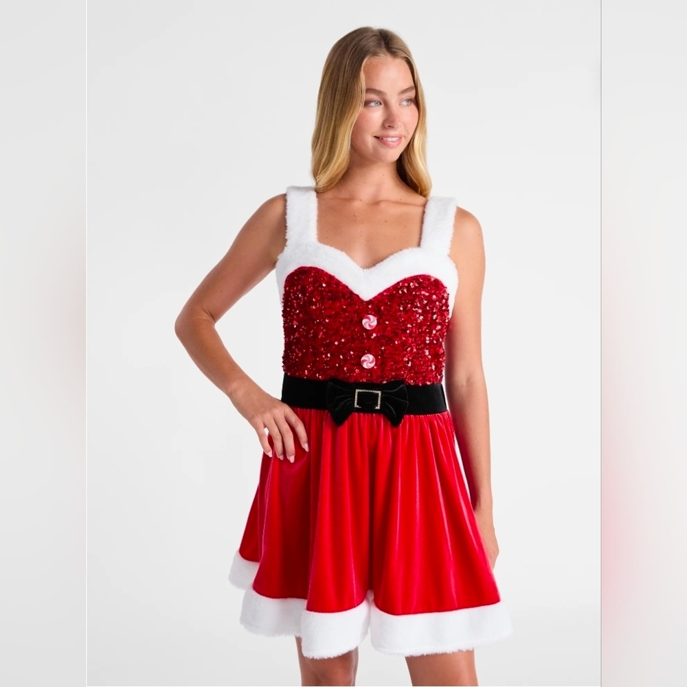 No Boundaries NEW Mrs. Claus Sequin Christmas Holiday Skater Mini Dress - Size L